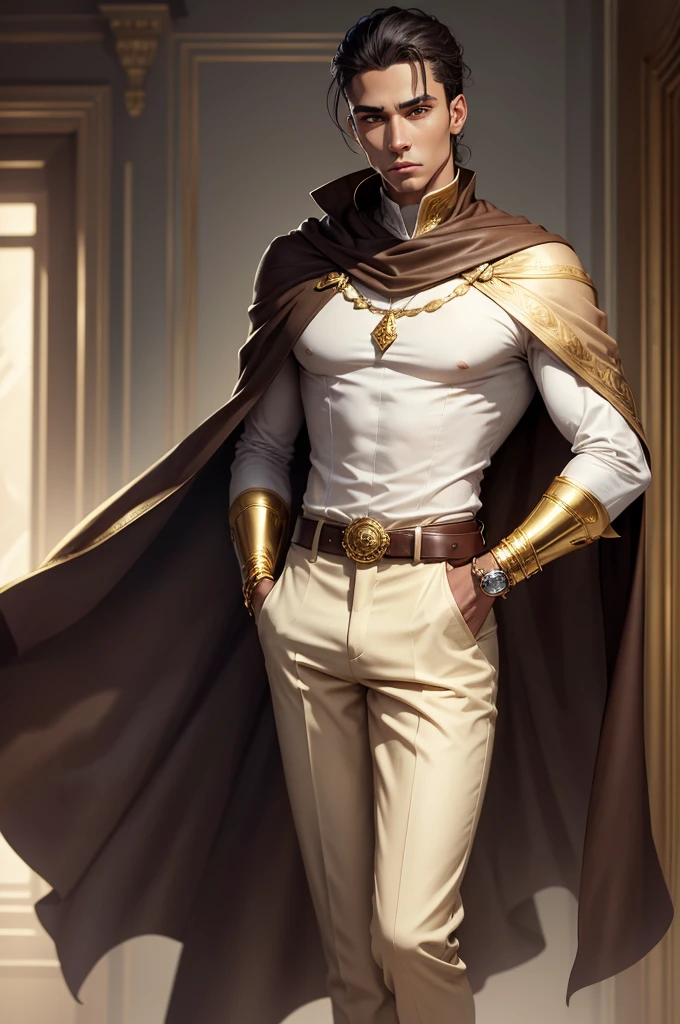 Drawn semi-realism style art. A light-skinned man in his 20s. Who wears beige pants. brown dress shoe. gray dress blouse. Wears a dark beige royal cape, with gold details on the tip. He wears a white mask with empty eyes and mouth. The eyes seem to be melting until the end of the mascara. With a look of despair. Wear lots of gold jewelry. And uses a rope as a belt.