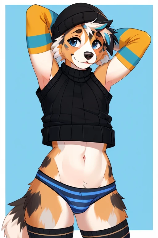((SFW)) ((18, cute, furry, Australian Shepherd dog boy femboy wearing blue thin panties with a bulge that are almost pulled down, black beanie, blue and black striped croptop sweater with tops of shoulders exposed, and black and blue striped thigh-high socks, best quality)) ((hands behind head)) ((exposed hips))