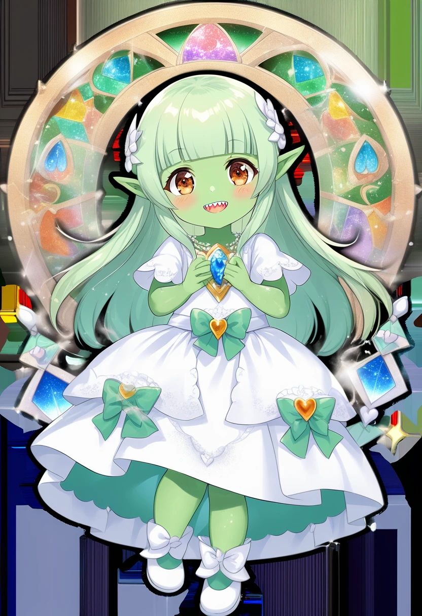 smooth soft skin, natural skin,best quality, masterpiece, ultra high quality
BREAK
(deep green skin:1.9), (goblin girl),(loli:1.9),(little female child:1.8),(loli toddler:1.8),(mini girl:1.7), (4 years old:1.1), kawaii, (baby face:1.1), small breasts,(evil smile:1.1),super smile,ultra cute face,shiny skin,open mouth,(deep green skin all over the body:1.9),
BREAK
(light green hair:1.2), (blunt bangs:1.3), (hime cut:1.4),(brown eyes:1.6), (long hair:1.3), long straight hair,(sharp teeth),highlight on eyes,precure
BREAK
hensin,henshin),magical girl,(transparent background:1.3),wearing shoes on feet,bow, gem necklace, deepgreen pleats overskirt,white dress,frills, sash, high_heels, collarbones, wedding dress, heart_print,
elf ear,Tribal Jewelry,wearing boots on feet, wearing lightgreen magical Girl Costumes,(magical effect:1.2), magic circle,colorful background,light particles,light sparkles,crystal light,powder light,dynamicpose,multi-layered flower shaped stained glass,rose shaped stained glass),(music note effect fused with stained glass,heart shaped Church windows,nature theme,Giant stained glass leaf,Multiple stained glass musical note,tiffany,dust particles,anime,stain glass inspired by leaf mark,nature background