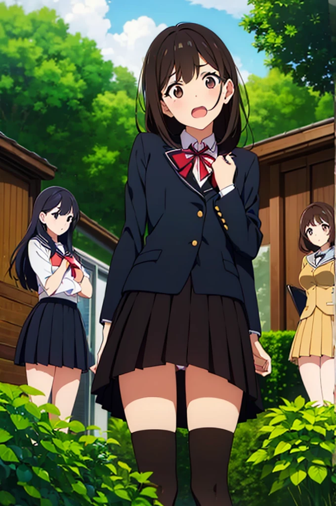 (Three Women:1.5)　,Dark Brown Hair,Black Hair,（Nose Brush:1.7） ,Surprised,Open your mouth,(school uniform),（Panties in full view:1.7),(Extremely high quality),（mini skirt）,nature,garden,Shiny legs, Thighs,Cute face,（Looking up from below）,tall,squat,Wet and see-through