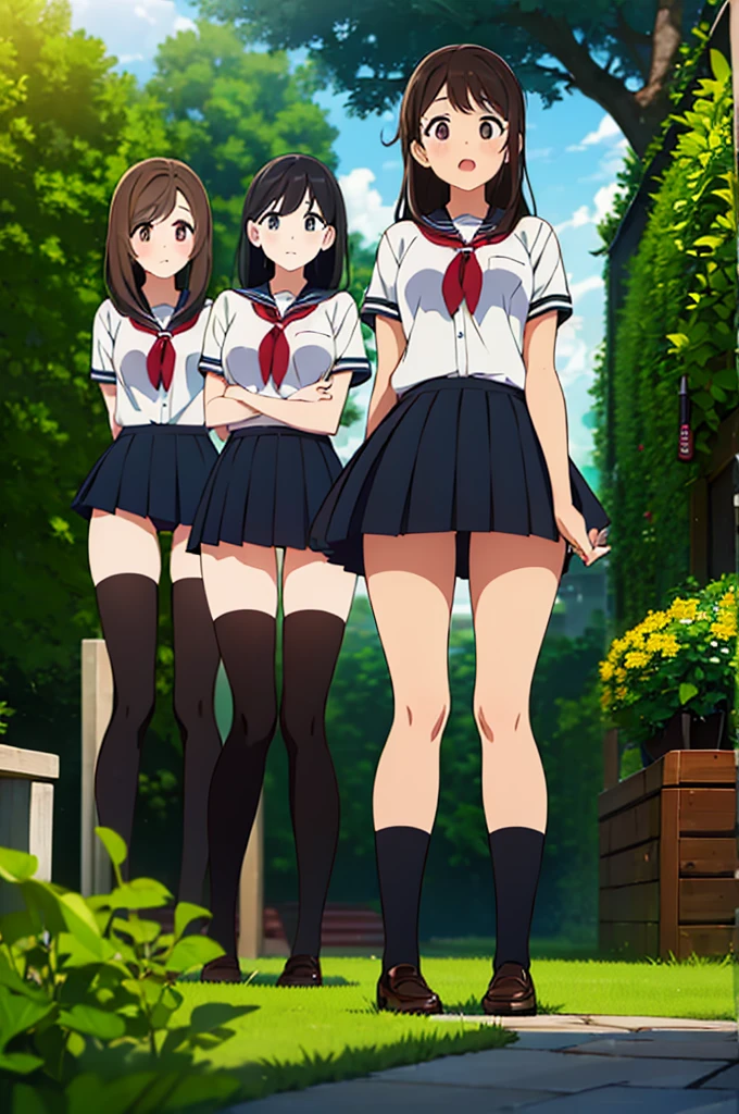 (Three Women:1.5)　,Dark Brown Hair,Black Hair,（Nose Brush:1.7） ,Surprised,Open your mouth,(school uniform),（Panties in full view:1.7),(Extremely high quality),（mini skirt）,nature,garden,Shiny legs, Thighs,Cute face,（Looking up from below）,tall,squat,Wet and see-through