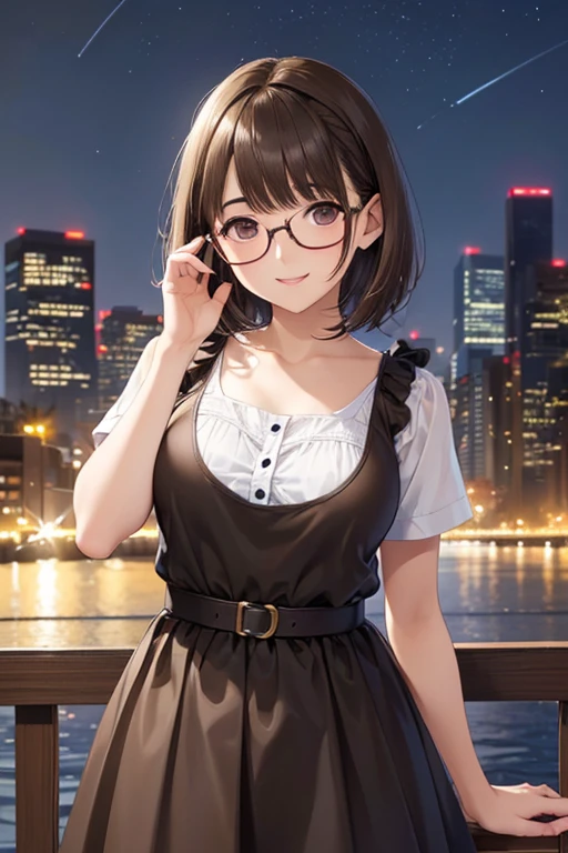 anegasaki nene、Shiny brown hair, short hair, (Beautiful brown eyes、Sparkling eyes, Fine grain)、smile、Super detailedな目、Highly detailed face, Highly detailed eyes,Cowboy Shot、


(Highest quality, High resolution, Super detailed),(Improved image quality) 

masterpiece、High resolution、High resolution、High resolution、1 female、Very close、((Depiction of only the upper body))、((Brown Hair、short hair、Pixie Cut))、((Round frame glasses))、優しいsmile、Smiling with teeth showing、((Late Night City))、