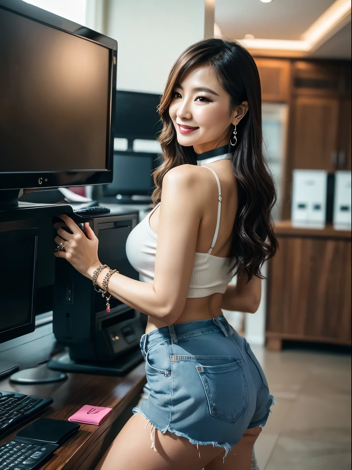 75 years old　mom　milf　Chinese Lady　large earring　Big choker　navel piercing decoration　A bracelet　Silver Hair　realisitic　Gorgeous ame Beautiful Mature Woman　sexly　Smile　Gentle woman navel piercing　４K　High quality office　computer　printer　Landscape　Shorts