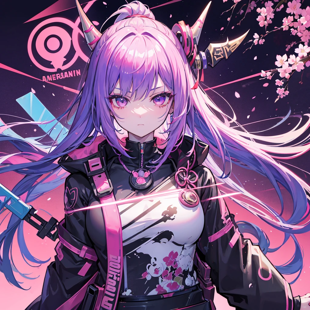 Cyberpunk 2077, anime, portrait, singular character, streetwear, harajuku, samurai, demon, little demon wings, little horns,purple,pink,blue, neon colors,swords and pistols,tattoos, female, long hair, mask,genshin impact, honkai star rail, chainsaw man, bungou straydogs,bangs,attack on titan, japanese, hanako, sakura cherry blossoms