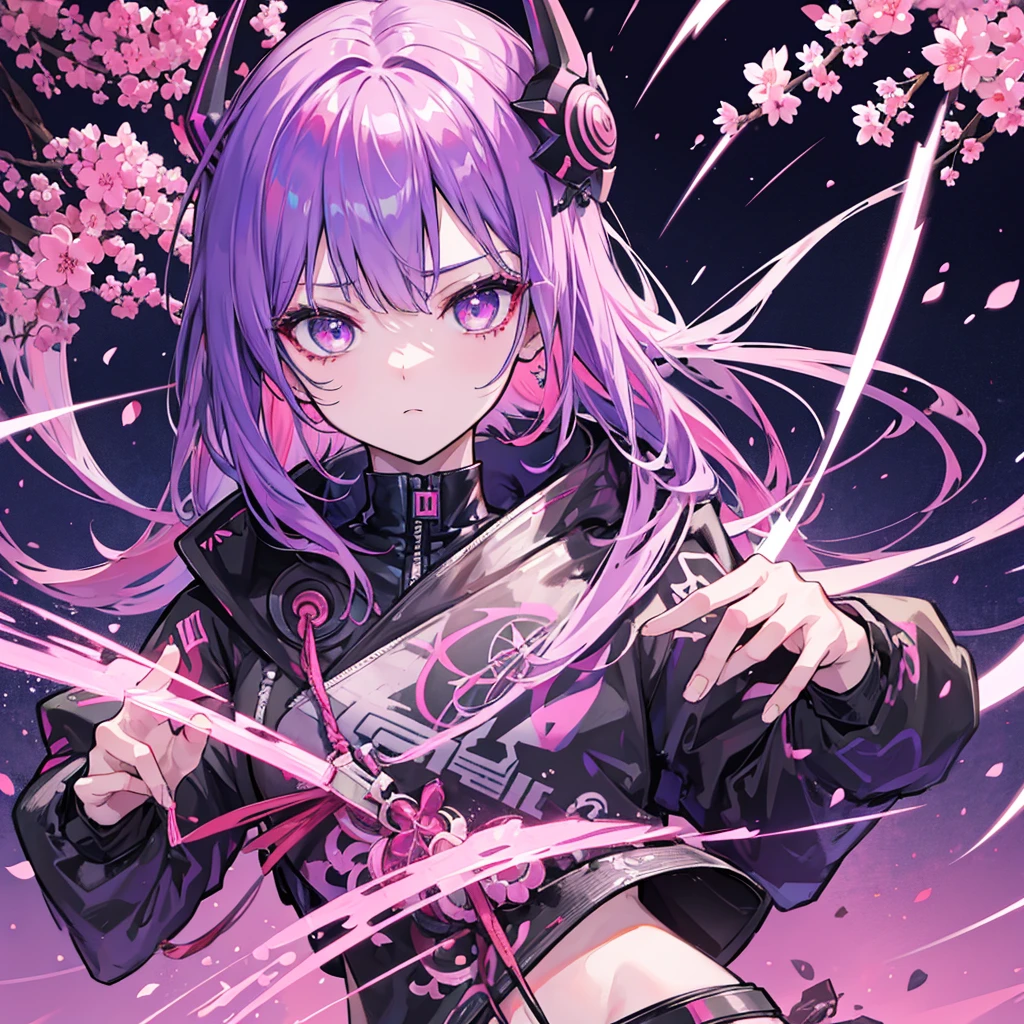 Cyberpunk 2077, anime, portrait, singular character, streetwear, harajuku, samurai, demon, little demon wings, little horns,purple,pink,blue, neon colors,swords and pistols,tattoos, female, long hair, mask,genshin impact, honkai star rail, chainsaw man, bungou straydogs,bangs,attack on titan, japanese, hanako, sakura cherry blossoms
