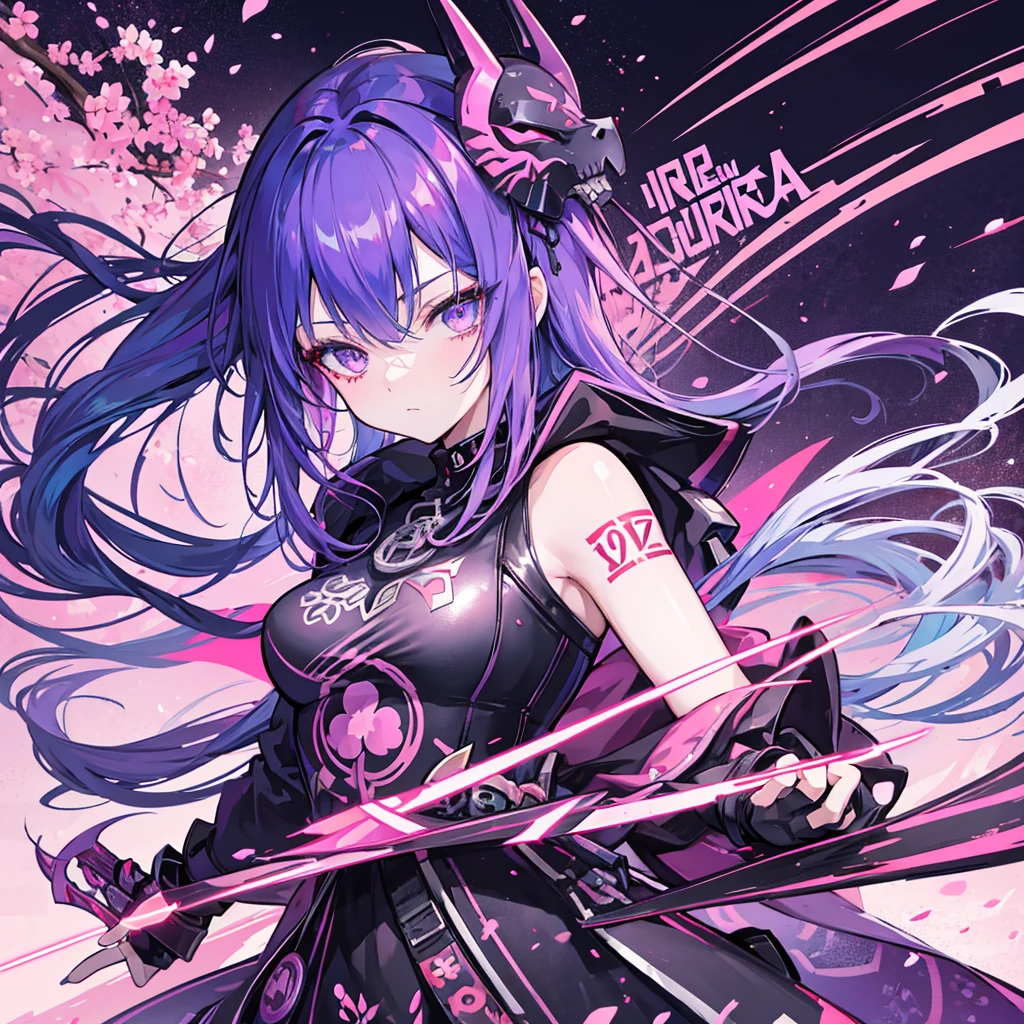 Cyberpunk 2077, anime, portrait, singular character, streetwear, harajuku, samurai, demon, little demon wings, little horns,purple,pink,blue, neon colors,swords and pistols,tattoos, female, long hair, mask,genshin impact, honkai star rail, chainsaw man, bungou straydogs,bangs,attack on titan, japanese, hanako, sakura cherry blossoms
