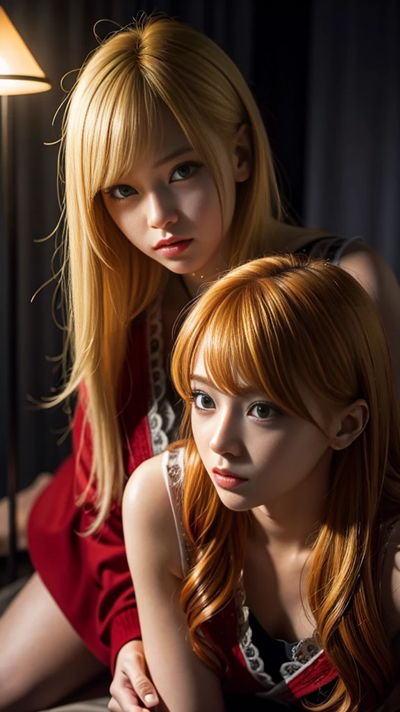 (Natural blonde and redhead girls with pretty faces), Cute pose, Atmospheric, Dark atmosphere, (Naughty lighting), Sayaka Yamamoto, Saito Asuka, Mao Akiyama&#39;s facial features, 8K, Full 体 portrait, (((Completely naked:1.4))), Natural light, Spooky greenhouse at night, Sharp focus, (Highly detailed eyes and face:1.1, Professional photography techniques), (Beautiful small face, beautiful girl, high school student, Idol Face:1.2, Baby Face:1.6), smile, Happy, K UHD, Hmph, Beautiful and soft skin, Vibrant Skin, blush, ((Beautiful breasts:1.2, Cleavage)), (Small beautiful butt), (Detailed hands:1.1, The optimal ratio is four fingers to one thumb), (Perfect proportions), (Perfect Anatomy:1.3), (Highest quality, Masterpiece, Highest quality, Ultra high definition, Photorealism:1.4), ((Hugging from behind and rubbing breasts:1.4))