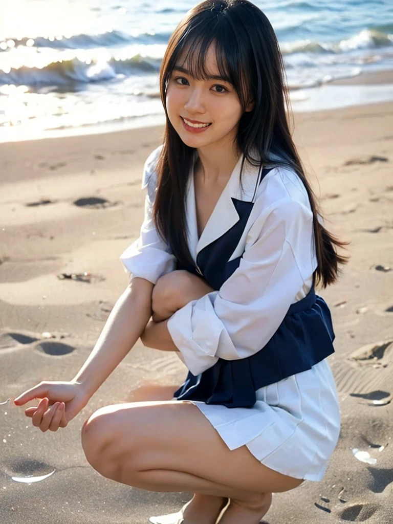 (((Top-down configuration:1.33)))、((No underwear:1.55))、One Girl、Beautiful and detailed eyes and face、barefoot、20 year old cute Japan woman, ((Extremely precise and accurate anatomy:1.0)), (photo Realistic:1.4), (hyper Realistic:1.4), (最高品質のRealisticな肌の質感:1.4), (Improvement of quality:1.4), (Enhances the beauty of skin texture:1.1), Clean and glowing skin, mesh, thin:1.2, (Realistic:1.3), Realisticなライティング, (Smoother lighting:1.05), (Improving the quality of cinema lighting:0.9), Backlight, A gentle light for your face, Ray Tracing, (Bright light:1.2), 32k, One Japanese woman, fine grain, Detailed face, (Film Grain:1.1),(Accentuates body lines:1.1), High resolution, Natural look, Kind eyes, Improves hair quality, Delicate light and shadow, Transparent muscles, Graceful pose, Beautiful Eyes, Sharp details, Soft light reflection, Beautiful contours, Delicate skin tone, Fine hair texture, Natural background, (((sunny day、Beach、A strong wind is blowing、Her hair and skirt are flying、Squat, Traditional navy blue sailor uniform、Open shirt、Pleated skirt、Scooping seawater with hands:1.25、splash、Sandy Beach、Light of the sun、clear blue sea、The waves crash quietly、Blue sky and white clouds、green mountain々、Beautiful Nature、The joy of youth)))、White skin、青White skin、A kind smile