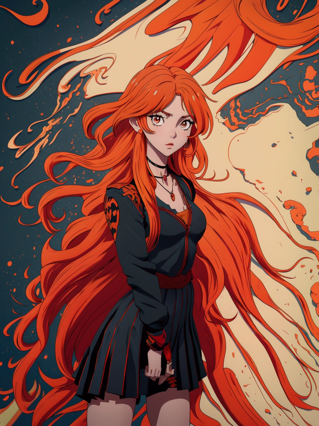 Anime girl in red, orange and black suspender skirt in front of graffiti wall, 28 years old,long hair anime girl, She has long orange-yellow hair., Attractive anime girl,Bare arms,Bare arms,Bare legs,Black necklace,Front view,First Perspective,high quality,16K,Exciting appearance,very clearly,Exquisite mature facial,Royal sister,Simple black suspender skirt,Alone,Standing front,Hands hanging down,High heel,whole body