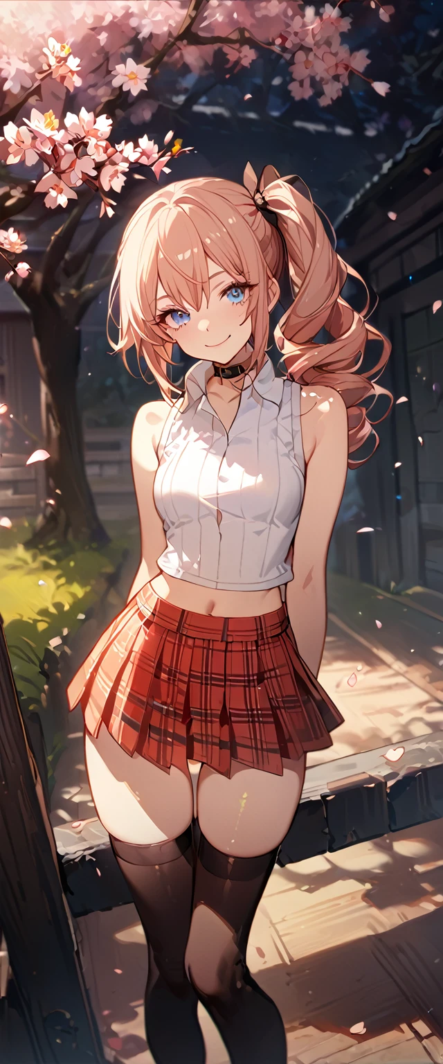 masterpiece, best quality, 8k, 4k, 1girl, (masterpiece, best quality:1.2), 1girl, serah farron, smile, looking at viewer, thin body ,arms behind back, blue eyes, super long curly side ponytail, black diamond-shaped armband, plain white sleeveless shirt with collar, zig-zag button pattern, straight collar shirt, midriff, transparent sleeveless pink jacket, red plaid-pleated short skirt, black lace skirt under, slightly lower skirt, plain black thigh-high stockings, light brown ankle boots, finely detailed eyes and detailed face, face detailed, hair detailed, clothes detailed, ((high quality)), extreme detail, Sakura tree, sakura field, inspired by Asukaziye artist : ask, art style : ask