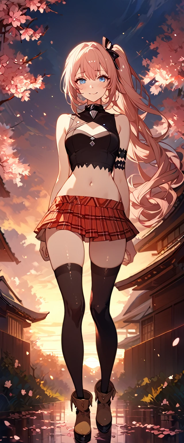 masterpiece, best quality, 8k, 4k, 1girl, (masterpiece, best quality:1.2), 1girl, serah farron, smile, looking at viewer, thin body ,arms behind back, blue eyes, super long curly side ponytail, black diamond-shaped armband, plain white sleeveless shirt with collar, zig-zag button pattern, straight collar shirt, midriff, transparent sleeveless pink jacket, red plaid-pleated short skirt, black lace skirt under, slightly lower skirt, plain black thigh-high stockings, light brown ankle boots, finely detailed eyes and detailed face, face detailed, hair detailed, clothes detailed, ((high quality)), extreme detail, Sakura tree, sakura field, inspired by Asukaziye artist : ask, art style : ask
