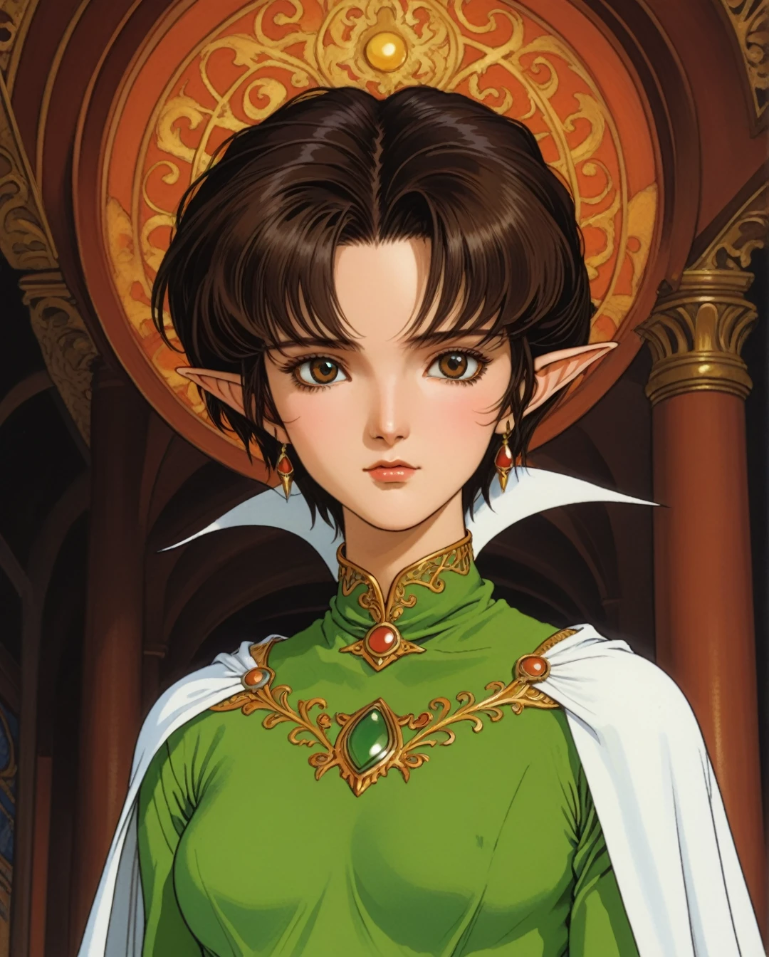 Art style by Akihiro Yamada, Art style by Suehiro Maruo, Art style by Ayami Kojima, (Masterpiece, Top Quality, Super Detail, High Resolution, Best Illustration), Create a stunning illustration of a single elf girl with pointy ears, rendered in a 1980s retro art style. She should have light brown tanned skin, a black short pixie haircut, and expressive brown eyes. Dress her in a green tunic paired with white breeches, complemented by a flowing white cape. Capture the essence of the 1980s retro aesthetic, with vibrant colors and bold design elements that evoke the era. Focus on intricate details and high-quality rendering to bring out the character's unique features and the nostalgic charm of the style, creating a visually captivating masterpiece.