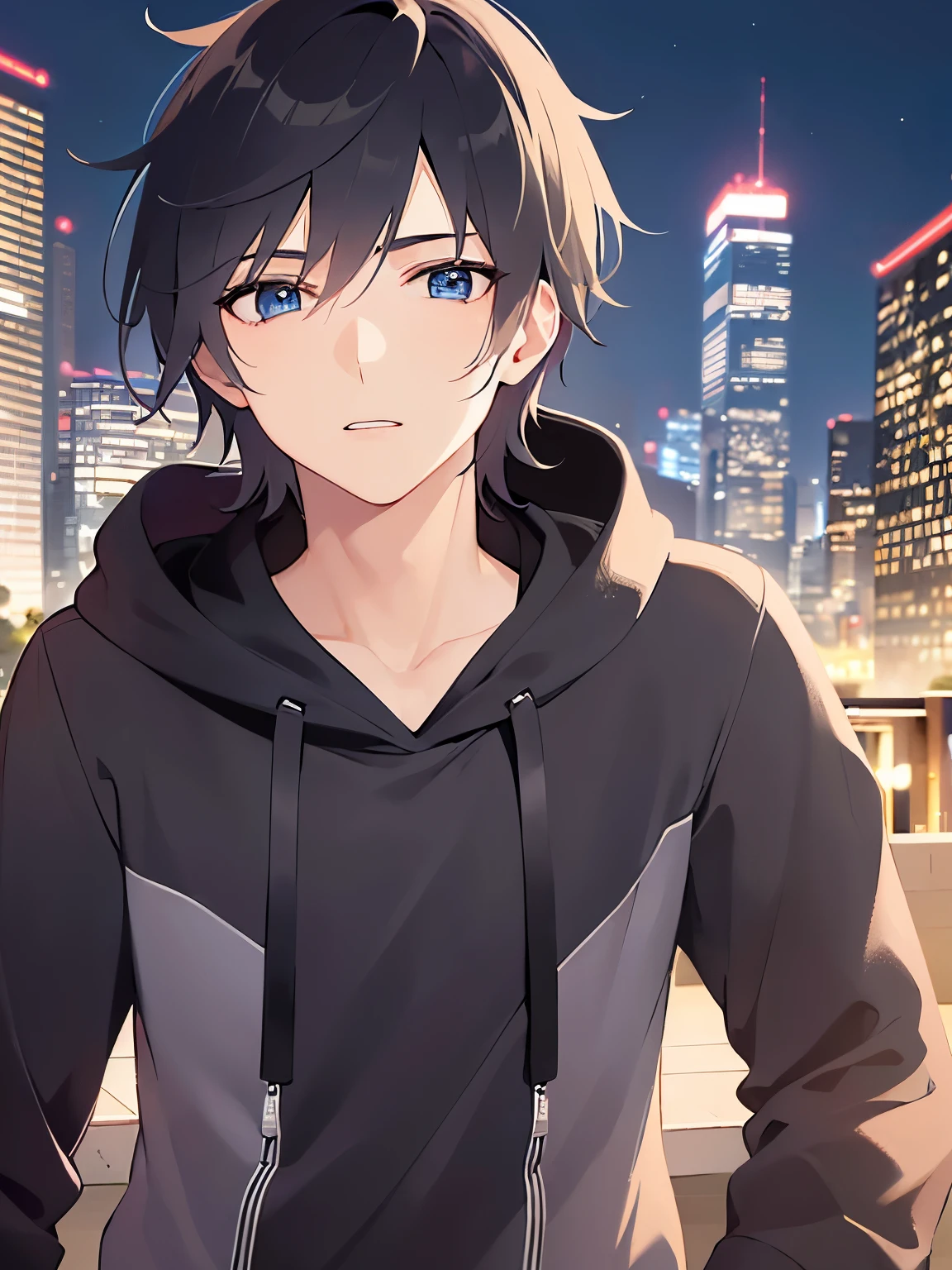 (running:1.5)(25-year-old male:1.5) and (Black short hair) and (blue eyes)、(looking away:1.5),upper body、Side shot、
shiny skin, masterpiece、Highest quality、
black hoodie ,
Night Park、grass、illumination、(Night Sky:1.5)