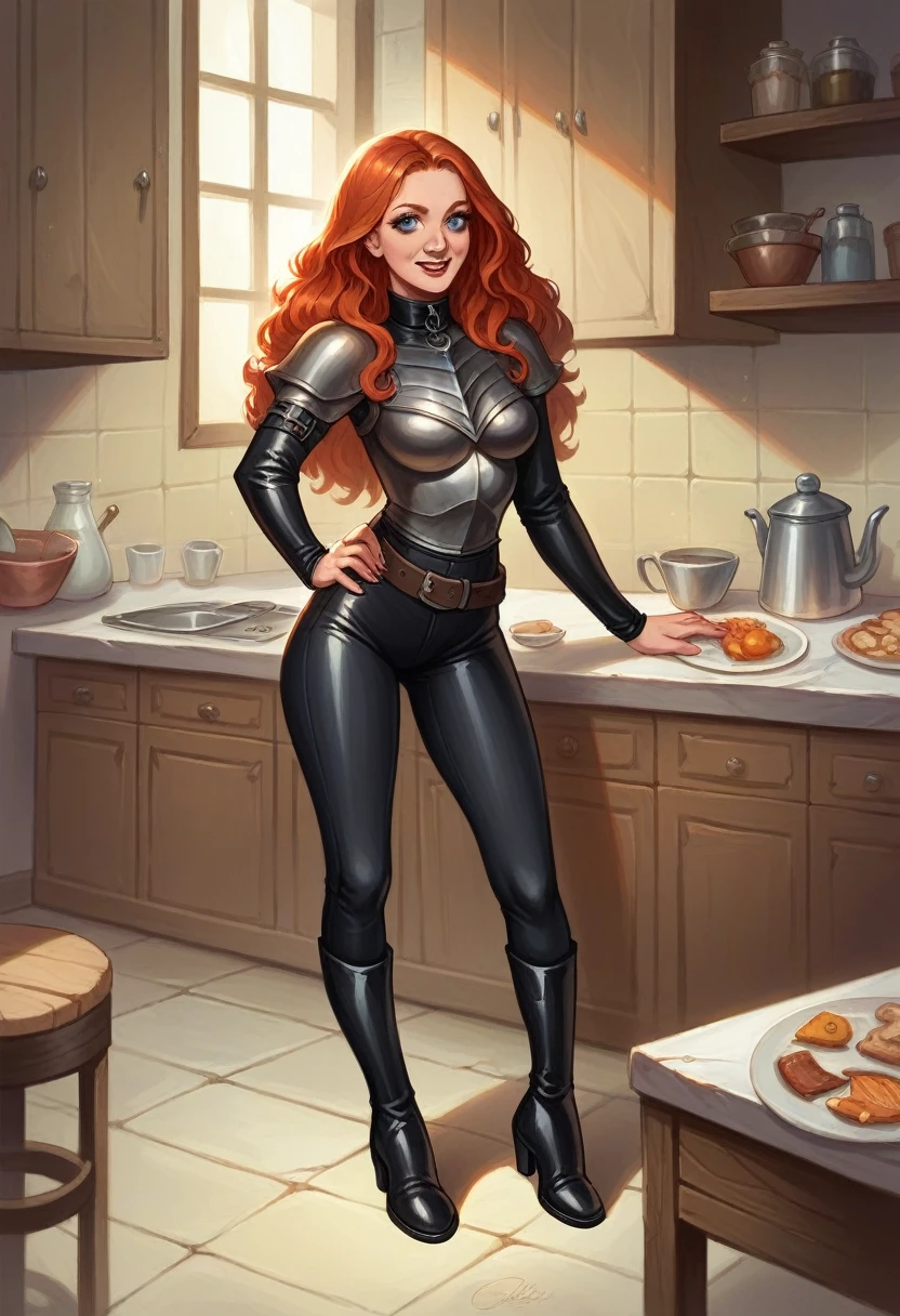 a super mega beautiful attractive cannibal young girl with round head, redhead curled long hair, short ,blue eyes, black collar, Medieval black leather armor,brown leather belt,black tight pants, black boots , she standing in kitchen and happy to carnivorous her boyfriend's meat on table, gothic, ultra realistic, romantic,the middle ages