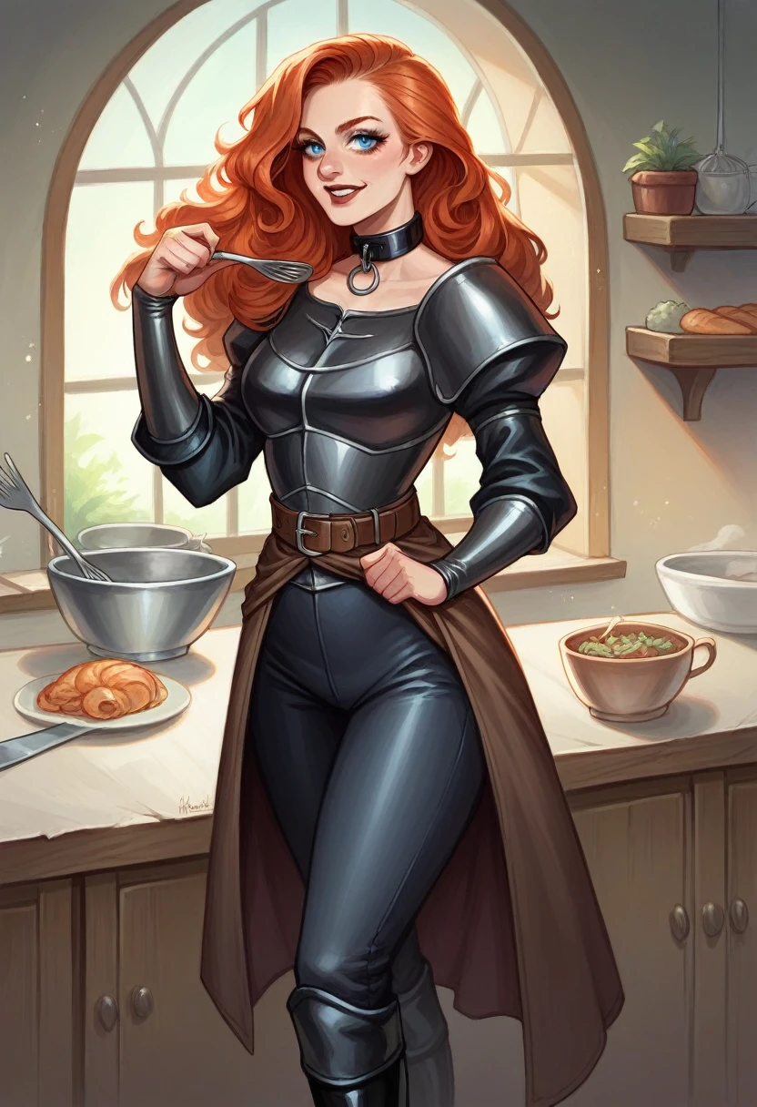a super mega beautiful attractive cannibal young girl with round head, redhead curled long hair, short ,blue eyes, black collar, Medieval black leather armor,brown leather belt,black tight pants, black boots , she standing in kitchen and happy to carnivorous her boyfriend's meat on table, gothic, ultra realistic, romantic,the middle ages