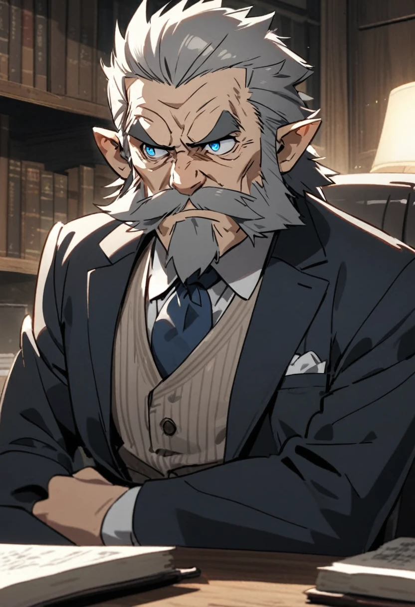 Old man, gruff, suit, in a study, blue eyes, stern looking, sideburns, mustache, grey hair