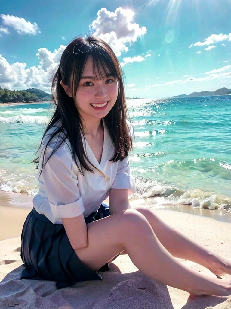 (((sunny day、Japanese 、Beach、A strong wind is blowing、Her hair and skirt are flying、Crouch down, Scooping up seawater and spreading your hands、Traditional navy blue sailor uniform、White blouse、Pleated skirt、Playing in sea water:1.25、splash、Pour water on the camera、smile、Laughter、Sandy Beach、Light of the sun、clear blue sea、The waves crash quietly、blue sky with white clouds、green mountain々、Beautiful Nature、The joy of youth)))、(((Top-down composition:1.33)))、(((8K、Highest quality、masterpiece、Ultra-high resolution)))、(Realistic:1.4)、RAW Photos、(Real skin texture:1.3)、(Film Grain:1.3)、((No underwear、Bend one leg))、One Girl、Beautiful and detailed eyes and face、barefoot、