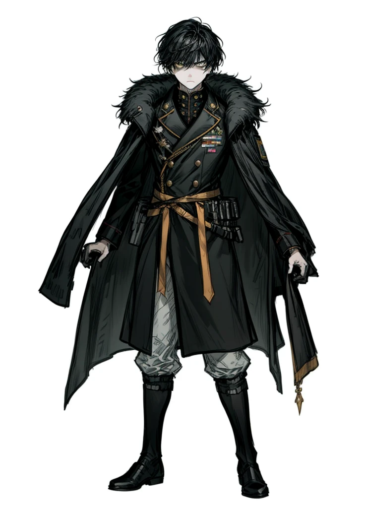 1boy ,black hair, yellow eyes, arctic military, general, cape, fleece, nice clothes, (high resolution, high detail, best quality), angry