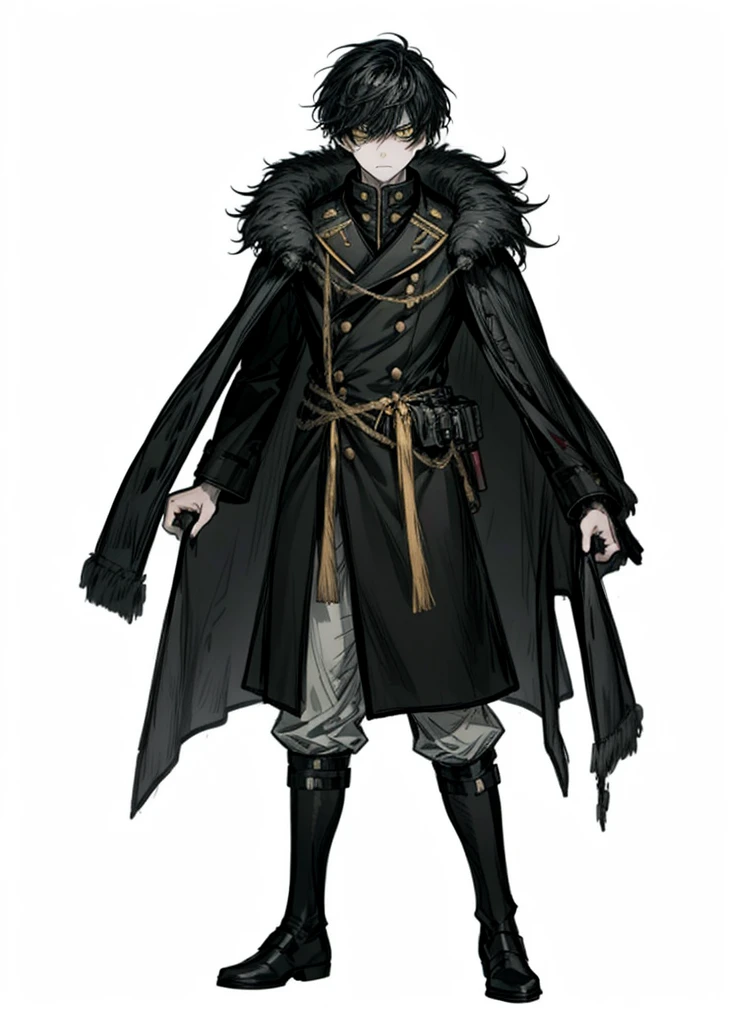 1boy ,black hair, yellow eyes, arctic military, general, cape, fleece, nice clothes, (high resolution, high detail, best quality), angry