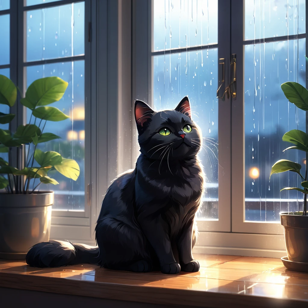 (masterpiece, 最high quality, high quality, High resolution, Very detailed) Cute and adorable cat with eyes closed, Relax in a cozy room. The room is quiet and calm., You can see the rain outside through the large window... Image contains bokeh lighting effect, Create a peaceful atmosphere.Black cat