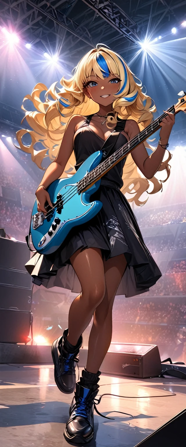 (highest quality:1.2, Very detailed, up to date, Vibrant, Ultra-high resolution, High Contrast, masterpiece:1.2, highest quality, Best aesthetics), Portraiture、girl、slim, stage、performance、Rock Music、Bright colors、Beautiful fine details、Beautiful lip detail、extra short hair, ((wavy hair:1.2))、messy hair, blonde and blue ((streaked hair:1.5)), highlights hair: 1.3, middium breast, (tan skin:1.3), Music band、standing with legs wide open, (powerful pose:1)、Cheerful pose, Concert Light、Edgy Style、black tank top、((Dynamic Movement:1))、hypnotic sounds、Stadium、amplifier、Loud music、Electric bass、((playing bass:1.3)), Fender bass, ((mike stand:1)), (singing:1), Powerful vocals、Passionate performance、Sparkling stage、Concert atmosphere、Music Festival、Full of emotion、Rock star attitude、Resolute expression、Avid Fan、The presence of an attractive stage、 Expressive gestures、Rock star aura、An exciting atmosphere、Sing with all your heart、An unforgettable show, ((full body:1.5)),