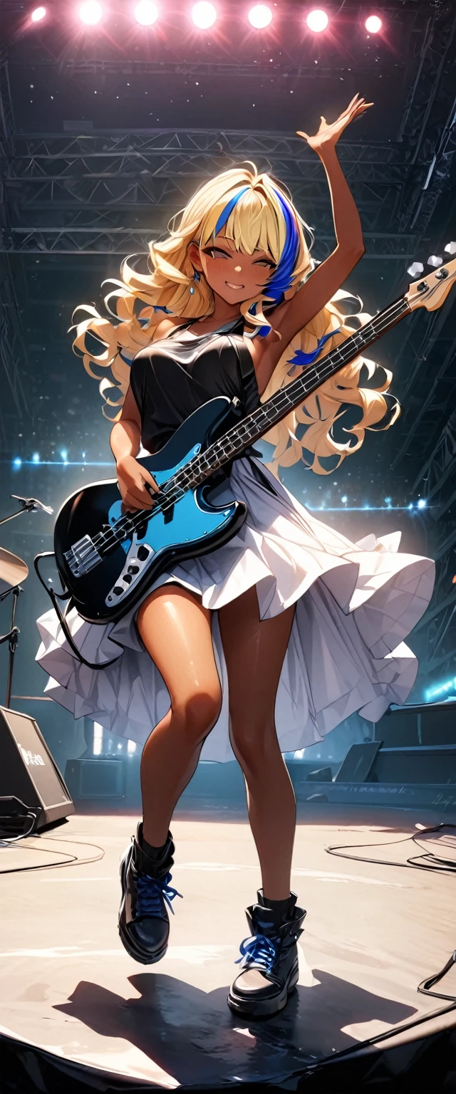 (highest quality:1.2, Very detailed, up to date, Vibrant, Ultra-high resolution, High Contrast, masterpiece:1.2, highest quality, Best aesthetics), Portraiture、girl、slim, stage、performance、Rock Music、Bright colors、Beautiful fine details、Beautiful lip detail、extra short hair, ((wavy hair:1.2))、messy hair, blonde and blue ((streaked hair:1.5)), highlights hair: 1.3, middium breast, (tan skin:1.3), Music band、standing with legs wide open, (powerful pose:1)、Cheerful pose, Concert Light、Edgy Style、black tank top、((Dynamic Movement:1))、hypnotic sounds、Stadium、amplifier、Loud music、Electric bass、((playing bass:1.3)), Fender bass, ((mike stand:1)), (singing:1), Powerful vocals、Passionate performance、Sparkling stage、Concert atmosphere、Music Festival、Full of emotion、Rock star attitude、Resolute expression、Avid Fan、The presence of an attractive stage、 Expressive gestures、Rock star aura、An exciting atmosphere、Sing with all your heart、An unforgettable show, ((full body:1.5)),