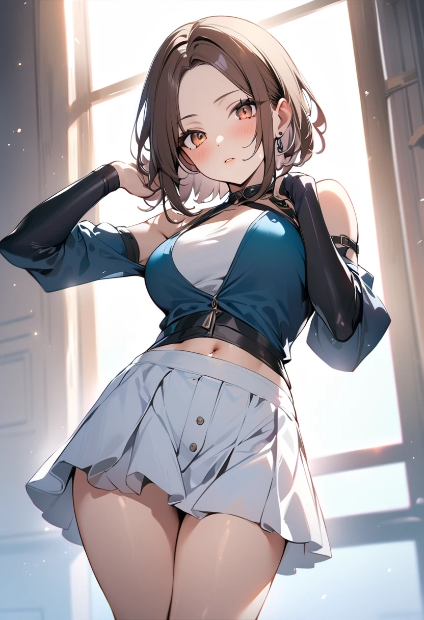 1 girl, bob, center part, forehead, brown hair, piercing, brown eyes, model posing, blush
BREAK (masterpiece), (high resolution 8K), cinematic lighting, professional lighting, detailed eyes and face, detailed body,
BREAK halter-shoulder sleeves, shirts, mini skirt, thighs