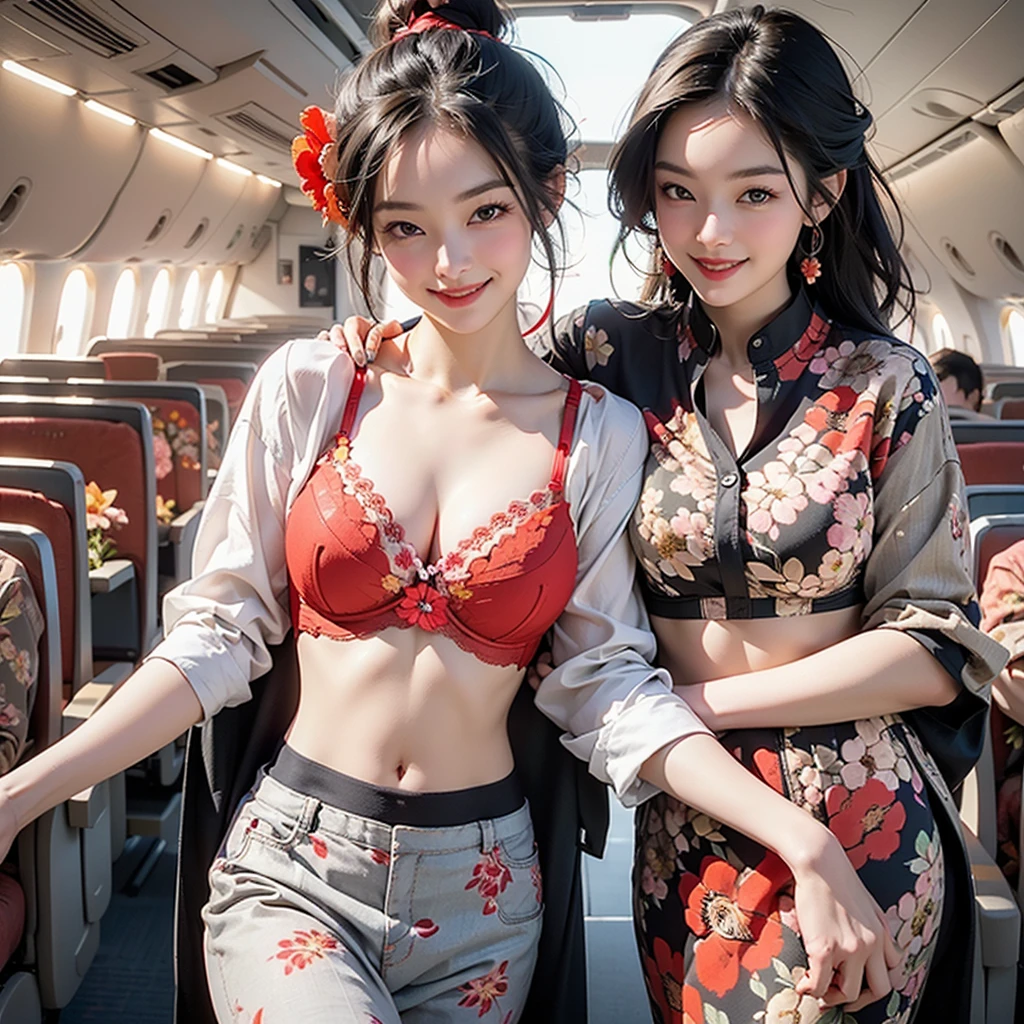 ((Highest quality、Tabletop、8K、Best image quality、Hyperrealism))、（（1 female stewardess、walk gracefully down the aisle、Cowboy Shot、Take a photo of her from the waist up))、((The background is the first class aisle of an airplane..))、((perfect stewardess uniform、Very short nylon scarf))、(Exposing the forehead、Hair Bun)、Big ample breasts、Biggest Smile、white big teeth、Perfect Makeup、Long eyelashes、Look at me、Have the best smile、Perfect Anatomy、Bright lighting
((((((A red floral bra is visible))))))
Full body photo