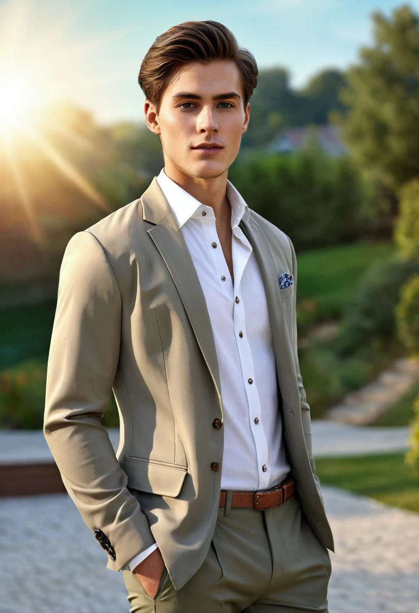 photo-realistic picture of a young man wearing women's dress shirt, jacket, female-looking chest, male dress trousers, neutral expression, soft illumination, natural positioning, vivid textures,photo-realistic picture of a young man wearing women's dress shirt, jacket, female-looking chest, male dress trousers, neutral expression, soft illumination, natural positioning, vivid textures, impeccable outfit, photo-realistic, UHD dra impeccable outfit, photo-realistic, UHD drawing