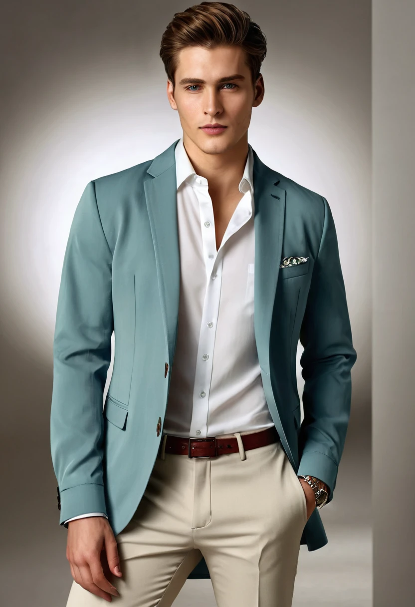 photo-realistic picture of a young man wearing women's dress shirt, jacket, female-looking chest, male dress trousers, neutral expression, soft illumination, natural positioning, vivid textures,photo-realistic picture of a young man wearing women's dress shirt, jacket, female-looking chest, male dress trousers, neutral expression, soft illumination, natural positioning, vivid textures, impeccable outfit, photo-realistic, UHD dra impeccable outfit, photo-realistic, UHD drawing