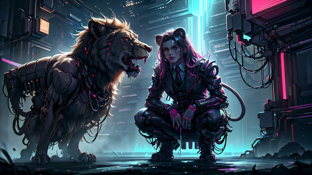 16K, High resolution, RTTX10.0, Ray Tracing, Natural light, Absurd, Top quality masterpiece, Perfect anatomy and highly detailed face, fine grain, Lion face wearing suit and tie、Mouth wide open, showing sharp fangs、Beautiful Hair, so beautiful, Edgy, Nice, Evil Aura, the wind is strong, Glowing Eyes, dystopian city, Futuristic, Detailed Background, Awards, Neon Light, It was a hot topic on Art Station., Climax, Sweat is splashing, Skull in a suit and tie, 自然A pose, Intense movement, color々A pose, cyber punk、Dystopian World、
