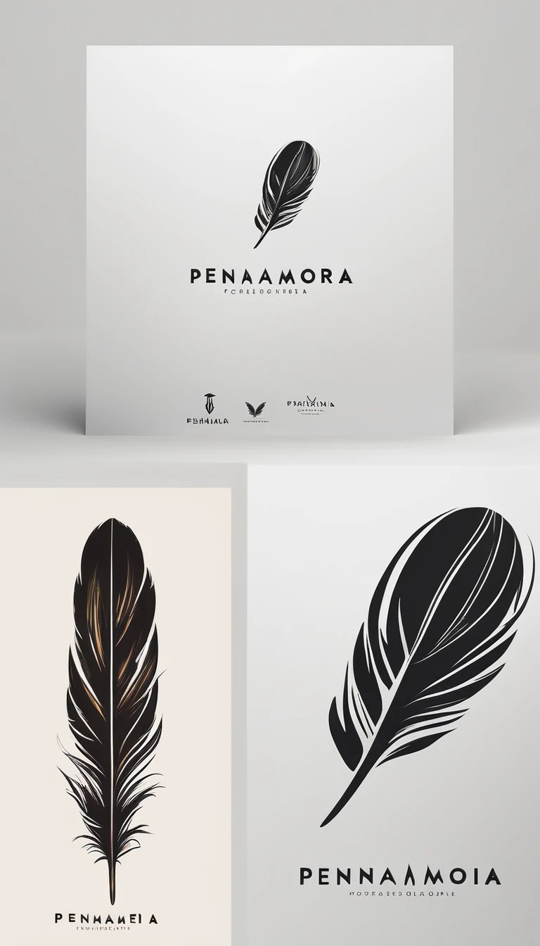 A minimal, modern, simple, cinematic logo design for the brand “Penamemoria". Create a modern, minimalistic, high-quality, logo of a fantasy, unique feather