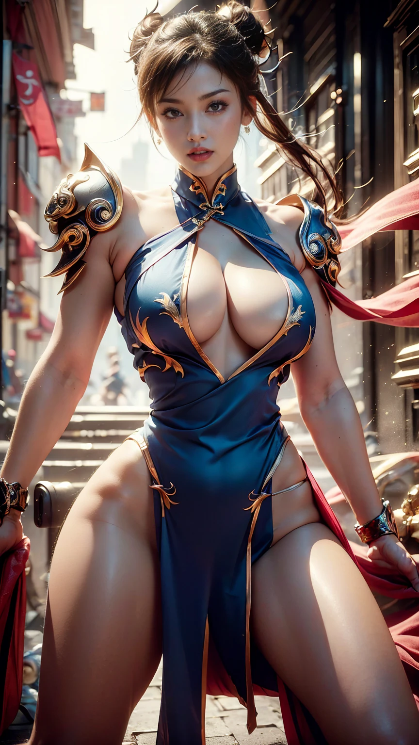 Create a hyper-realistic masterpiece of sexy Chun-Li, Goddess of beauty, she is adorable, has well-shaped lips. She is known for her classic and graceful beauty, defined body with sexy curves, sexy waist, slim leg, the iconic character from the sixth Street Fighter game. Capture your dynamic fighting stance and powerful kicks with exquisite detail. (sexy cheongsam clothes, erotic pink armor costume, pink micro panties, pink transparent micro panties showing pussy, pussy showing, big natural breasts, big breasts showing, chun-li hot erotica). The image should be in high definition (hard disk) and rendered in stunning 8K resolution, showing all the intricate features and textures. Pay attention to the fine details of Chun-Li's costume, including her traditional qipao dress and unique ox horn hairstyle. Use dramatic lighting to increase the intensity of the scene, enhancing its strength and determination. This photographic request aims to immortalize Chun-Li as a true work of art, showing her beauty, her toned, sensual body, Grace and prowess in the martial arts. Focus on character, Heroic image