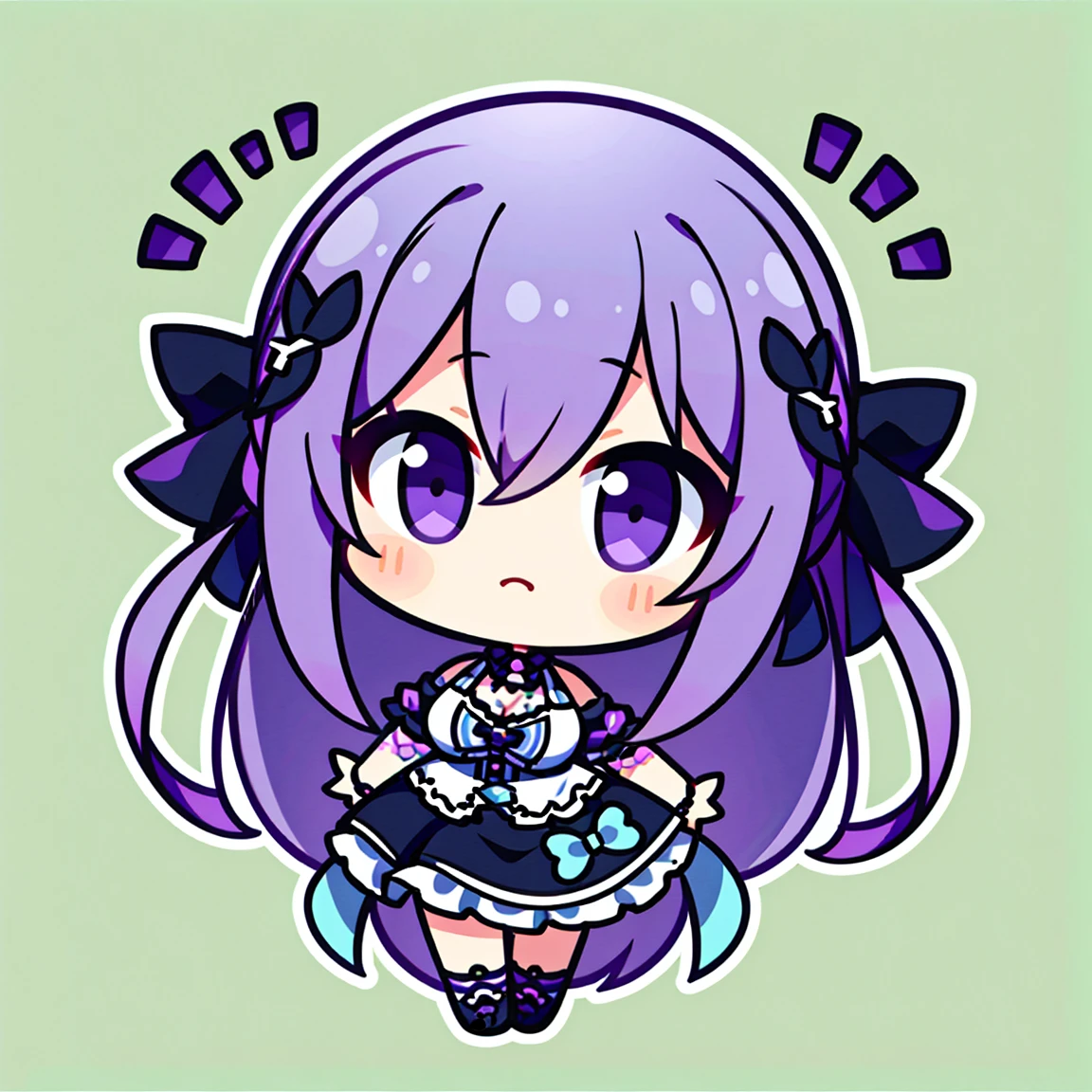 masterpiece, beautiful detailed, 1girl, Cartoon bones, chibi:1, Chibi, (rocker/punk fashion), violet Eyes, violet hair, long hair, medium breasts, Colorless solid background