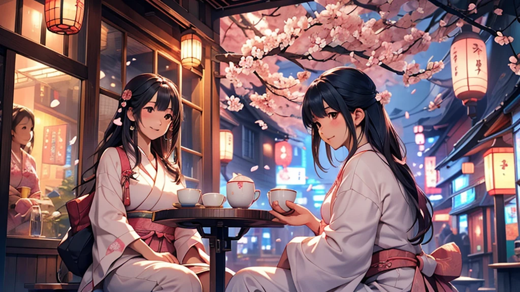 At a quiet cafe in the city at night、Neon lights shine through the window。A beautiful Japanese anime girl sitting in a corner of a cafe、Relaxing with a cup in hand。She has big bright eyes and long black hair、She wears simple and cute clothes。The atmosphere is calm、The background is in soft pastel colors.、The soft tones of blue and pink are reflected.。Cherry blossom petals fluttering、Japanese umbrellas and traditional Japanese decorations are incorporated into some parts of the cafe.。
