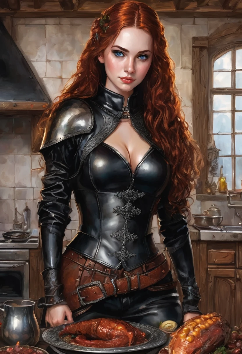 a super mega beautiful attractive cannibal young girl with round head, redhead curled long hair, short ,blue eyes, black collar, Medieval black leather armor,brown leather belt,black tight pants, black boots , she standing in kitchen and happy to carnivorous her boyfriend's meat on table, gothic, ultra realistic, romantic,the middle ages