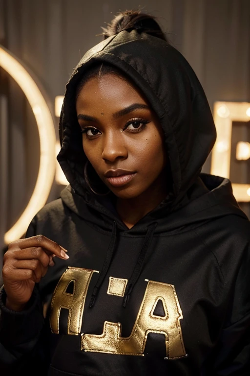 create a melanin, brown skin lady wearing a black with gold hooded jumper with the hood covering her slick ponytail hair, she is holding a sign that says Fausties  (SPELT CORRECTLY) lettering, flawless makeup, background amazing black with gold, hyper realism , HDR, 8K, 3000PI