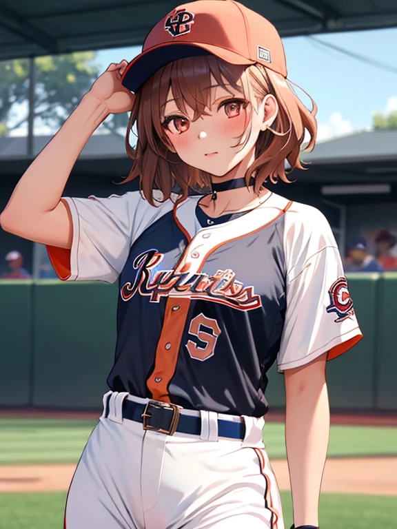 ピッチャー, Baseball Player, cute, Pitiful, Girl, short hair, Misaka Mikoto, 1girl, black choker, uhd, retina, masterpiece, ccurate, anatomically correct, textured skin, super detail, high details, high quality, best quality, highres, 4K