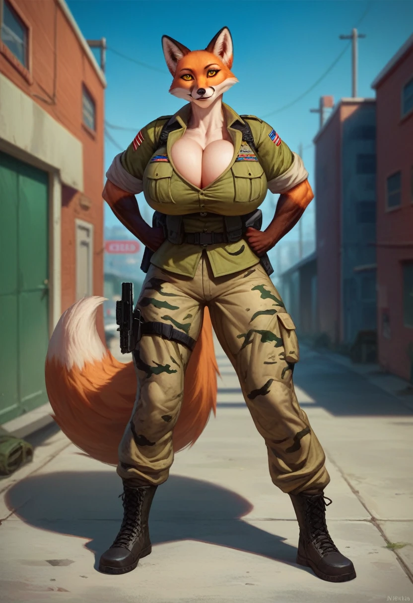solo, 1girl, fox, female, broad shoulders, stocky build, buff, muscular, huge breasts, gold eyes, highly detailed eyes, long snout, Amazon, powerful figure, wearing camouflage_uniform, (urban uniform:1.2), military camp, pistol holster, rolled sleeves, shirt, trousers, cleavage, standing upright, combat boots, full body, smiling, friendly, looking at viewer, realistic lighting, by darkgem, by wfa, by gideon,