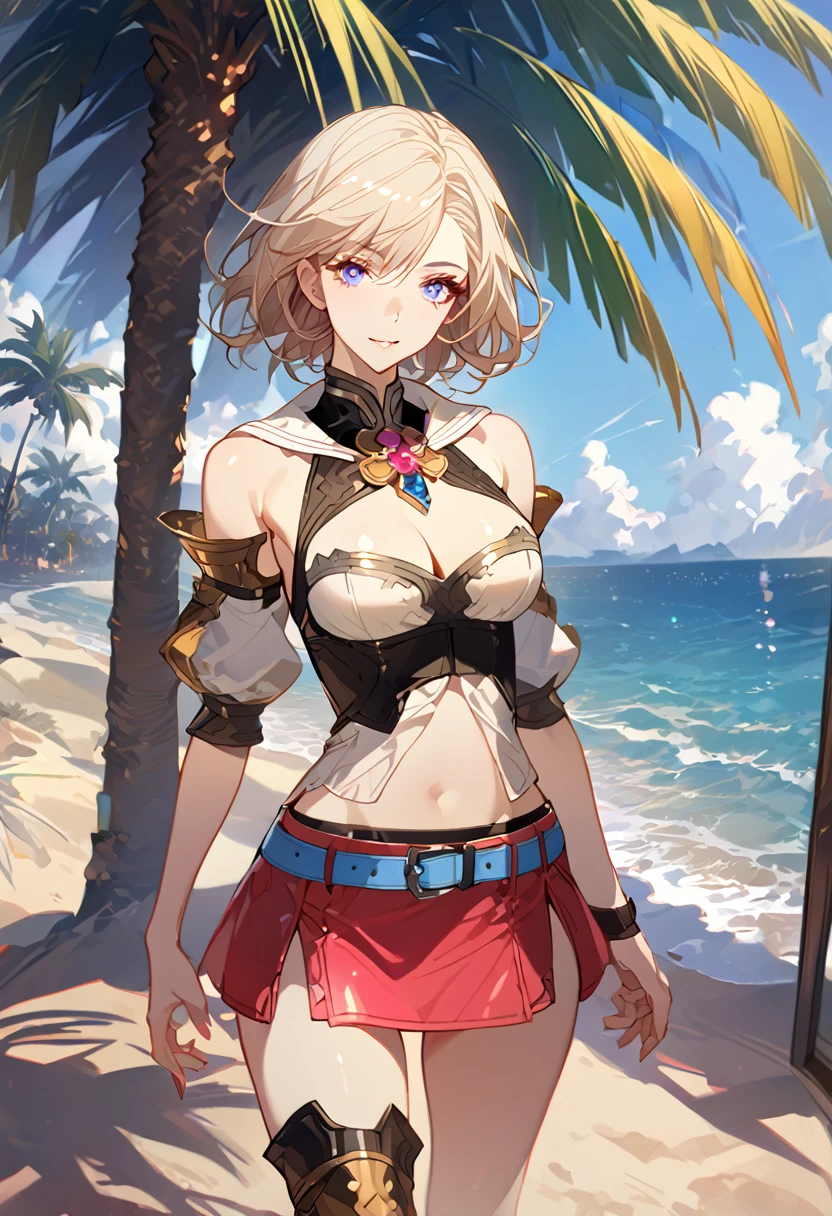 masterpiece, best quality, 8k, 4k, 1girl, ashelia final fantasy xii, Ashelia, short hair, pale blonde hair, blue eyes, white detached sailor like collar, round brooch, gold brooch with pink and blue jewel, white shirt, longer side shirt, cleavage, midriff, detached sleeves, bracer, black corset, corset under shirt, lower corset, reddish pink skirt, microskirt, super tight skirt, blue belt, black high thigh with gold pattern , gold boots, slim body, looking at viewer, standing nicely, wind blowing, finely detailed eyes and detailed face, face detailed, hair detailed, clothes detailed, ((high quality)), extreme detail, beach sand, palm tree, calm water, high hills overlooking the sea, hollowed hills,  inspired by Asukaziye artist : ask, art style : ask