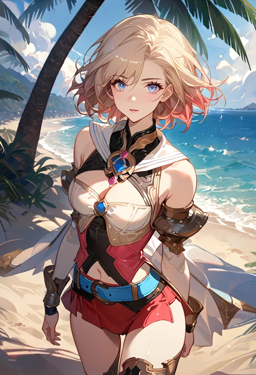 masterpiece, best quality, 8k, 4k, 1girl, ashelia final fantasy xii, Ashelia, short hair, pale blonde hair, blue eyes, white detached sailor like collar, round brooch, gold brooch with pink and blue jewel, white shirt, longer side shirt, cleavage, midriff, detached sleeves, bracer, black corset, corset under shirt, lower corset, reddish pink skirt, microskirt, super tight skirt, blue belt, black high thigh with gold pattern , gold boots, slim body, looking at viewer, standing nicely, wind blowing, finely detailed eyes and detailed face, face detailed, hair detailed, clothes detailed, ((high quality)), extreme detail, beach sand, palm tree, calm water, high hills overlooking the sea, hollowed hills,  inspired by Asukaziye artist : ask, art style : ask