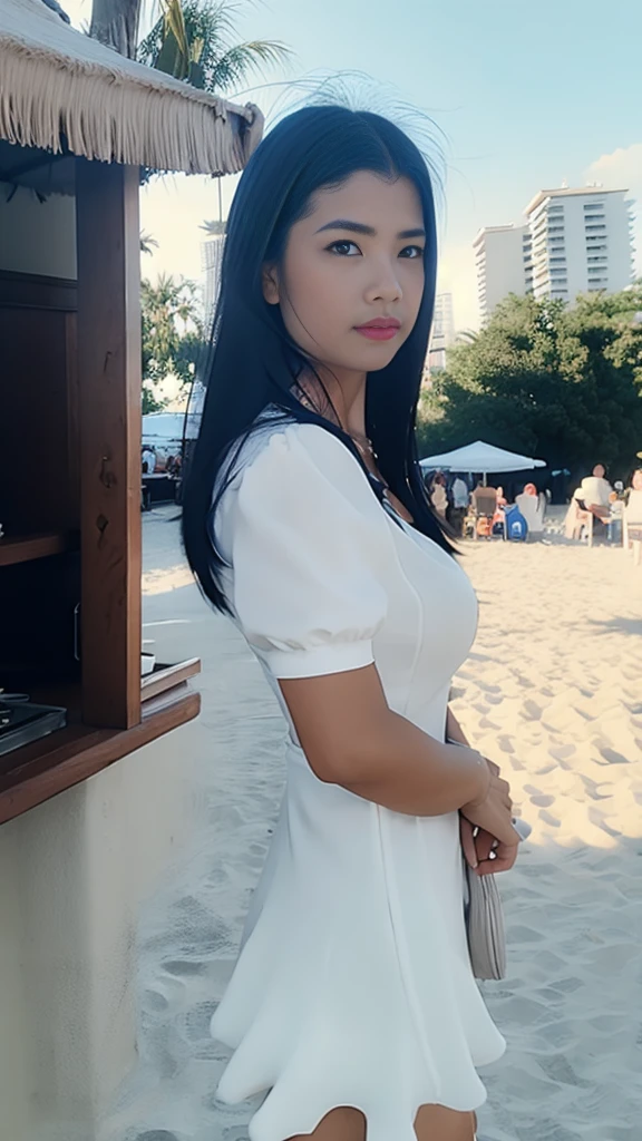 1girl, blurry, blurry background, breasts, brown eyes, brown hair, building, car, city, collarbone, cowboy shot, day, depth of field, dress, jewelry, lips, long hair, looking at viewer, huge breast, necklace, outdoors, low-cut, pantyhose, solo, street, white dress,