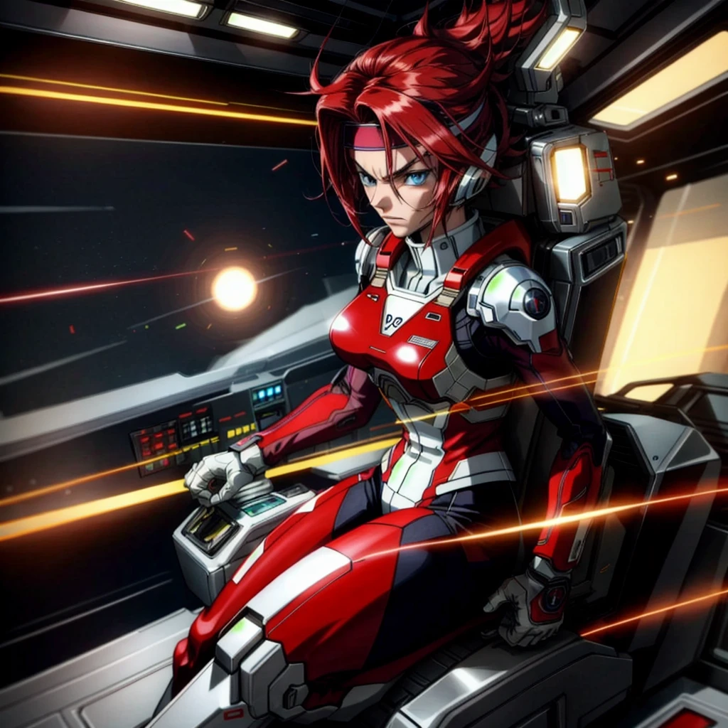 kallen stadtfeld, blue eyes, headband, red hair, pilot suit, angry, arms visible, hands visible, legs visible, feet visible BREAK, Mscockpit, cockpit, masterpiece, best quality, extremely detailed, highly quality, 4k, sharp focus, professional, sharp focus, award winning, cinematic lighting, octane render, unreal engine, volumetrics dtx, Wallpaper,