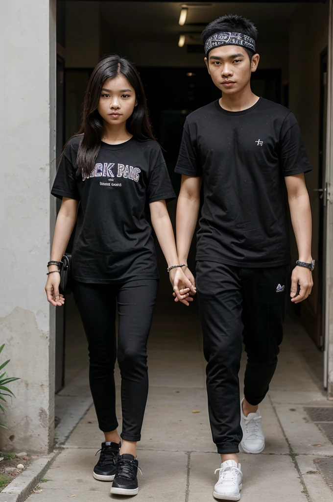 Thai couple, a 12-year-old Thai boy and a 12-year-old Thai girl, of the same height, thin and slender, walking hand in hand and wearing a black t-shirt and black pants. And they wear black bracelets on their arms.