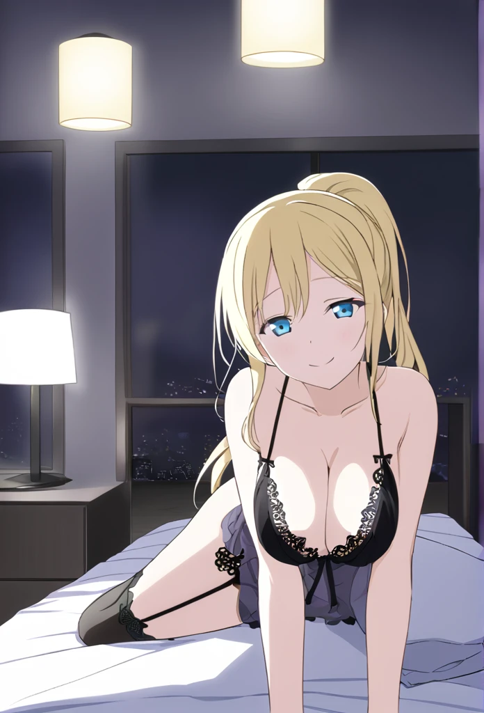 Eri Ayase Blonde Light blue eyes ponytail Light blue negligee Black garter belt Seduce smile Huge breasts Room lighting City night view Dark Room Lie down on the bed Lying in bed