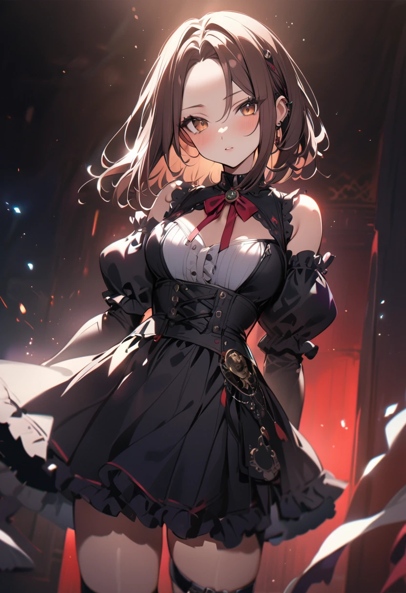1 girl, bob, center part, (forehead:1.1), brown hair, piercing, brown eyes, model posing, blush
BREAK (masterpiece), (high resolution 8K), cinematic lighting, professional lighting, detailed eyes and face, detailed body,
BREAK gothic lolita,