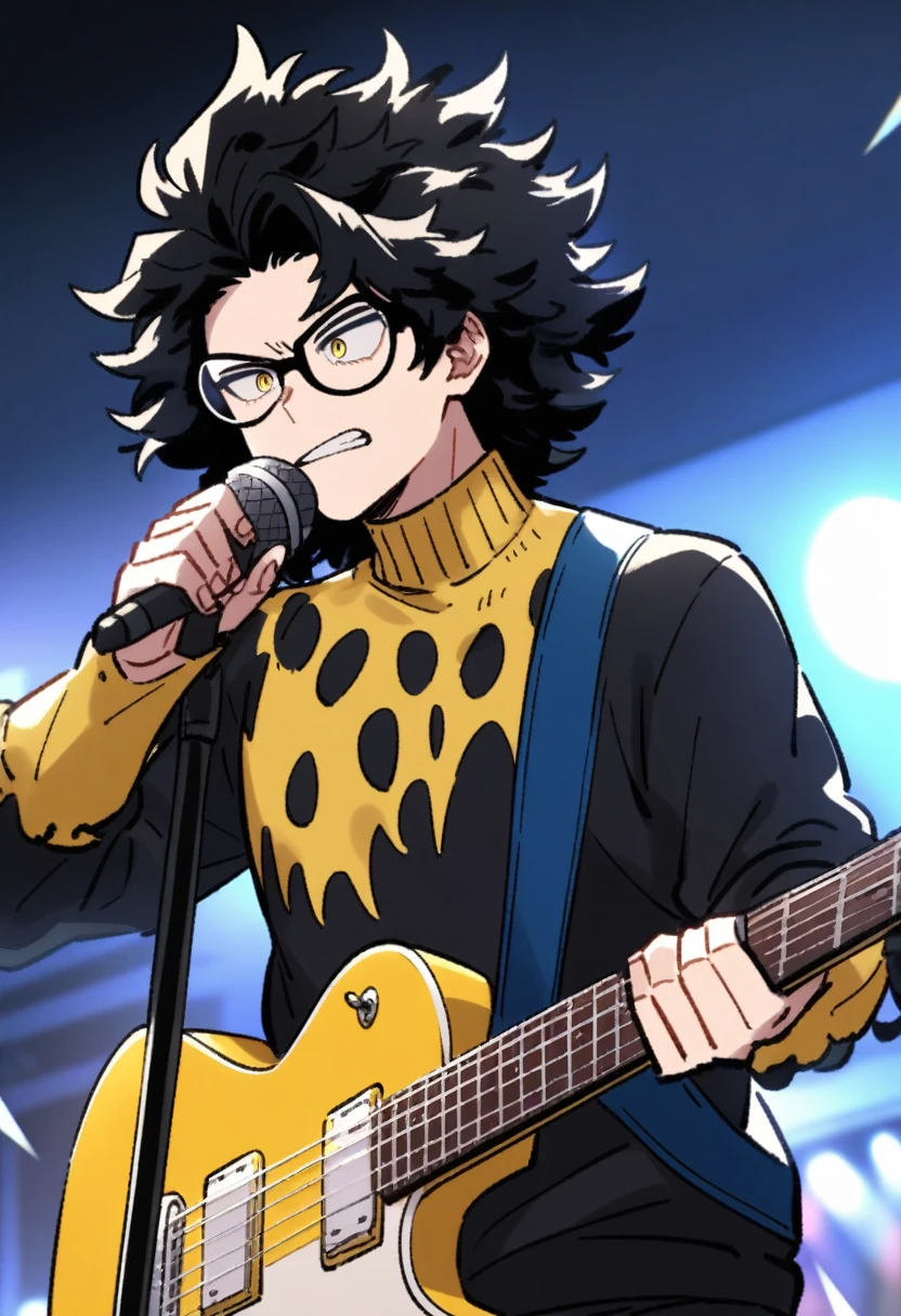 Screenshot My hero academia
Boy with medium short wavy hair, half black hair and half blue
tired yellow eyes, long-sleeved black torn sweater and messy a-color yellow, long-sleeved black ripped sweater and messy blue tie, with an electric guitar playing at a concert and round black glasses, serious expression singing into a microphone, attractive