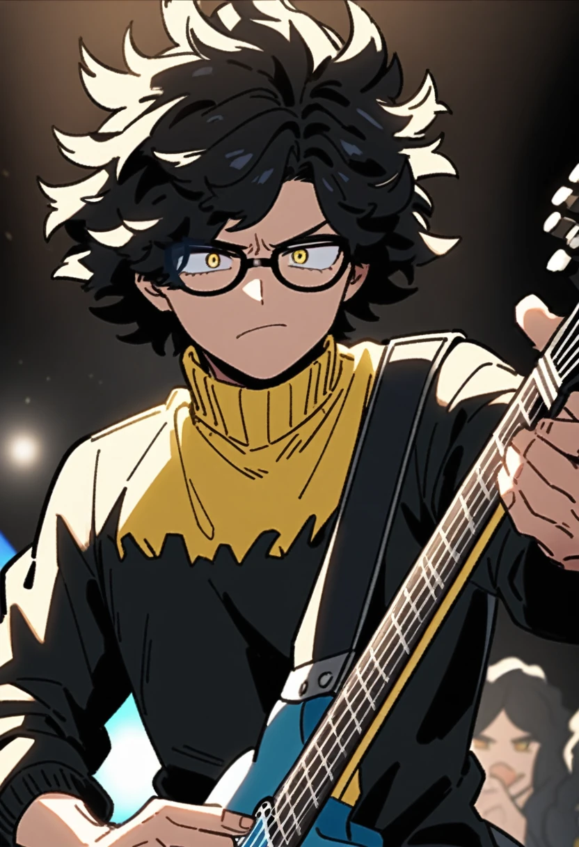 Screenshot My hero academia
Boy with medium short wavy hair, half black hair and half blue
tired yellow eyes, long-sleeved black torn sweater and messy a-color yellow, long-sleeved black ripped sweater and messy blue tie, with an electric guitar playing at a concert and round black glasses, serious expression singing into a microphone, attractive