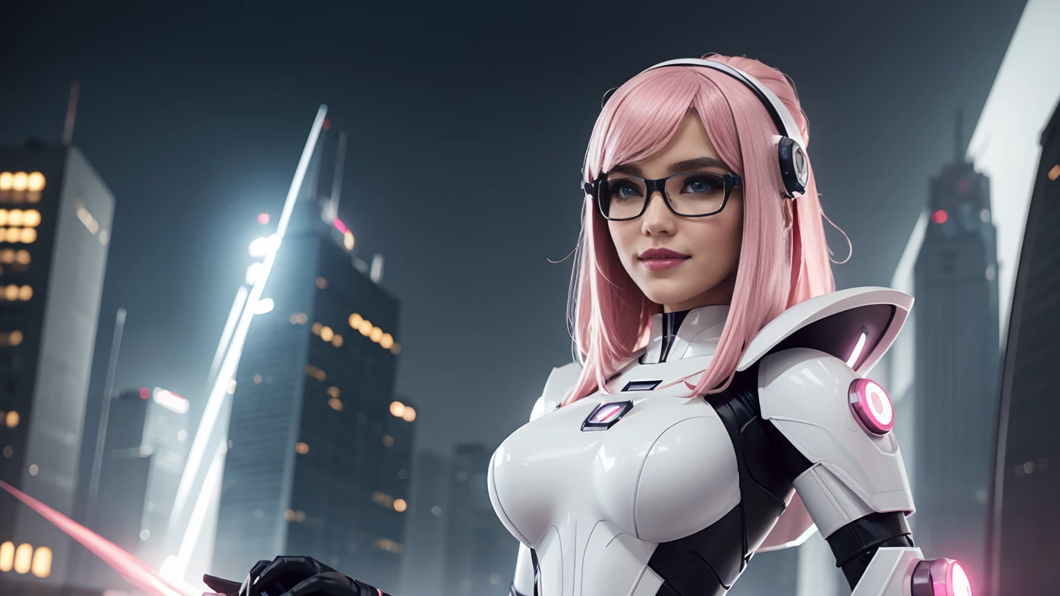 Best picture quality, high resolution, 8k, realistic, sharp focus, realistic image of elegant lady, Korean beauty, fashion model, beautiful face, cute, futuristic head gear, futuristic AI VR glasses, happy smile, pure white pink hair, blue eyes, wearing high-tech cyberpunk style red Batgirl suit, radiant Glow, sparkling suit, mecha, perfectly customized high-tech suit, fire theme, custom design, 1 girl,swordup, looking at viewer,alluring_lolita_girl