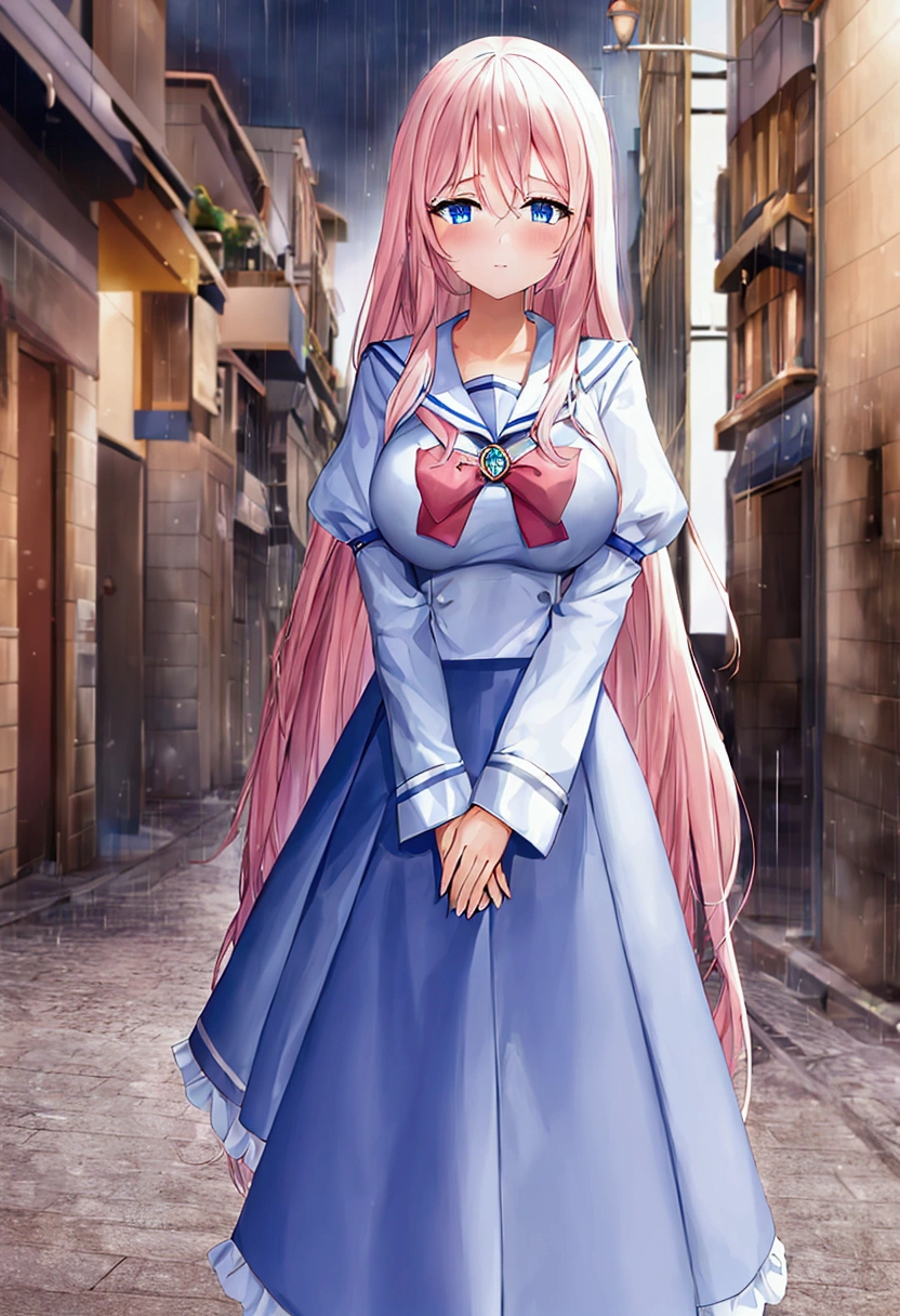 1 young girl, long straight pink hair, blue eyes, Sailor , blue skirt, A white blouse, blue sleeves, huge breasts, front view, street background with rain